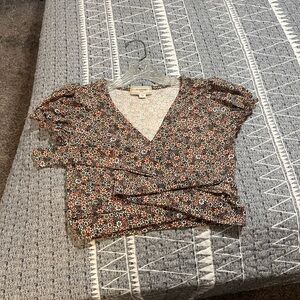 No Comment by Hem & Thread Floral V-Neck Puff Sleeve Crop Top in Multi-Color